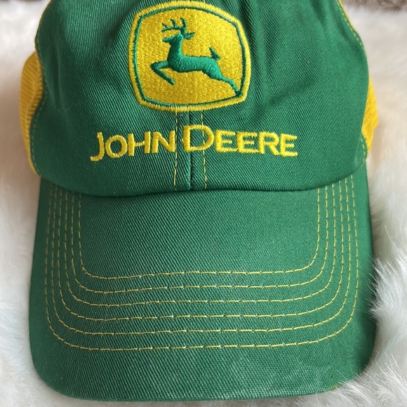 John Deere Vintage Square Patch Mesh Snapback Trucker Hat Retro Green Yellow - Picture 4 of 10